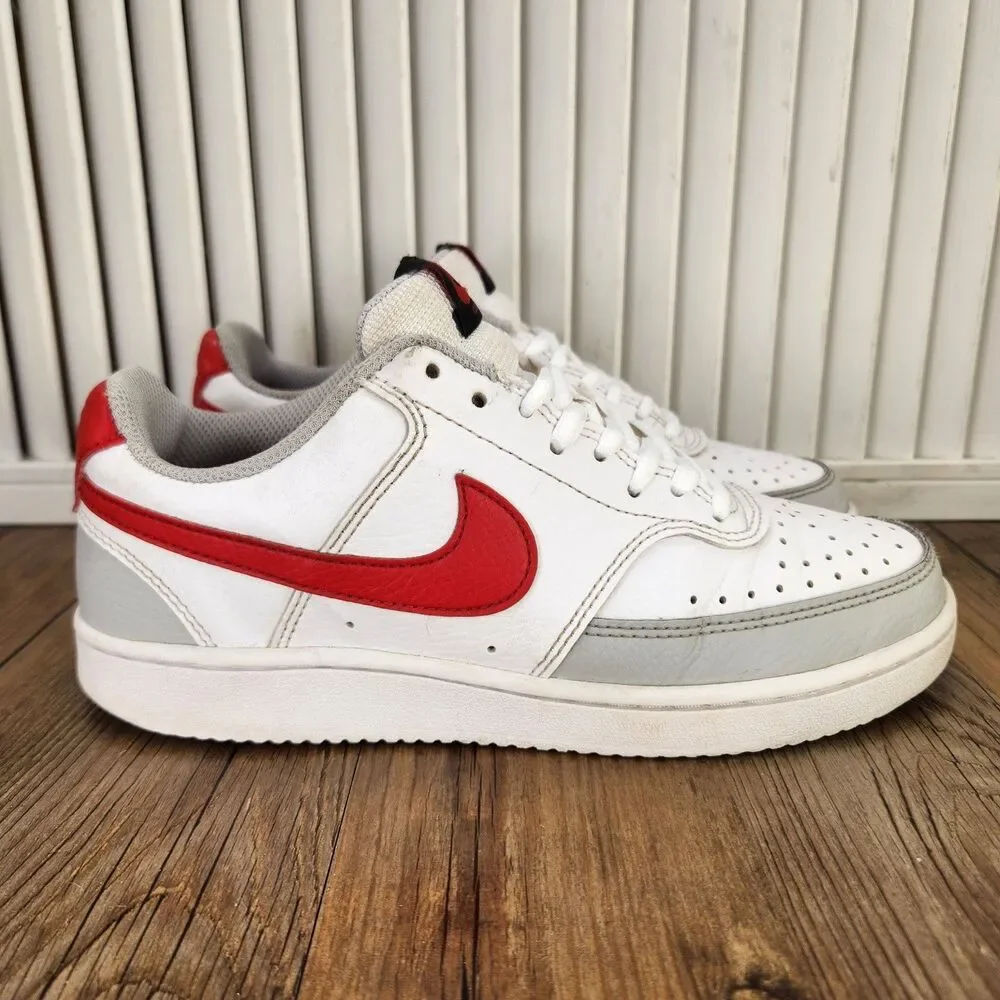 Nike Court Vision Lo Womens 6.5 White Gray Red Leather Sneakers Shoes FD0284-100